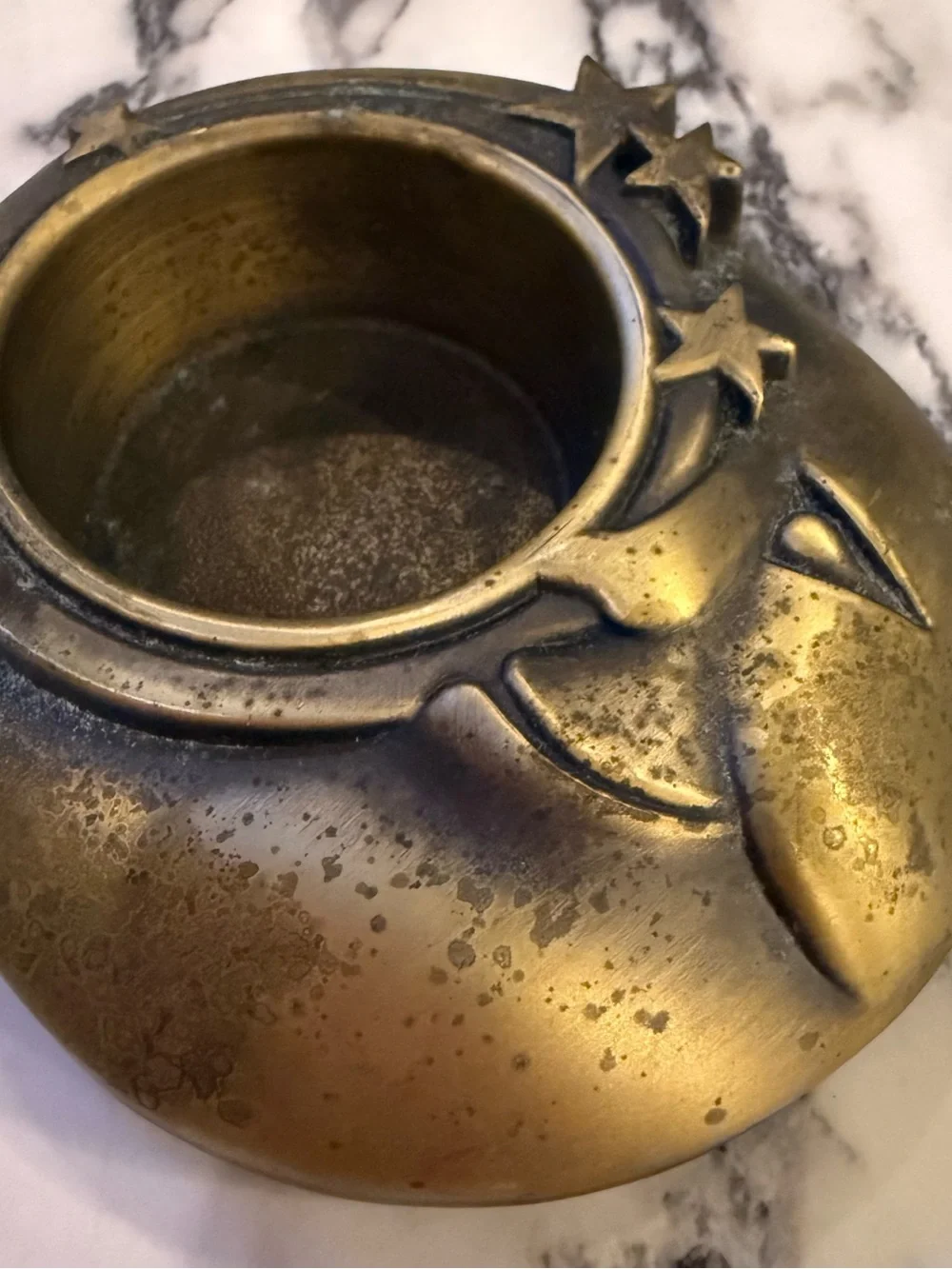 Vintage Brass Celestial Crescent Moon & Stars Tealight Candle Holder Catchall